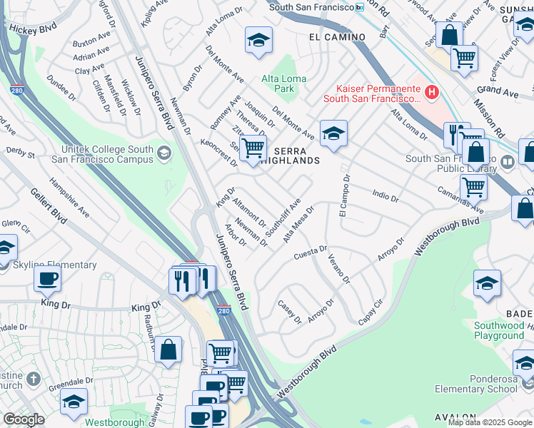 map of restaurants, bars, coffee shops, grocery stores, and more near 327 King Drive in South San Francisco