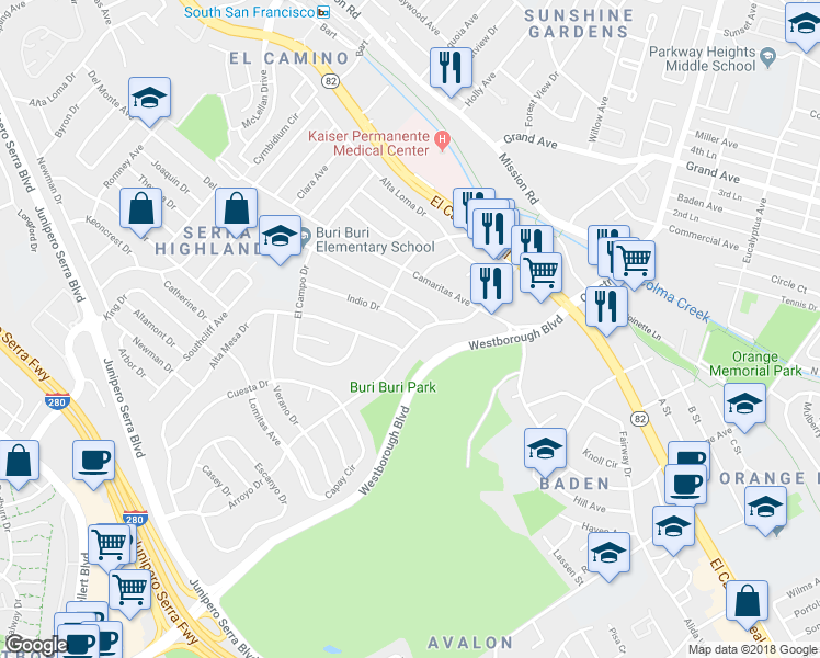 map of restaurants, bars, coffee shops, grocery stores, and more near 103 Indio Drive in South San Francisco