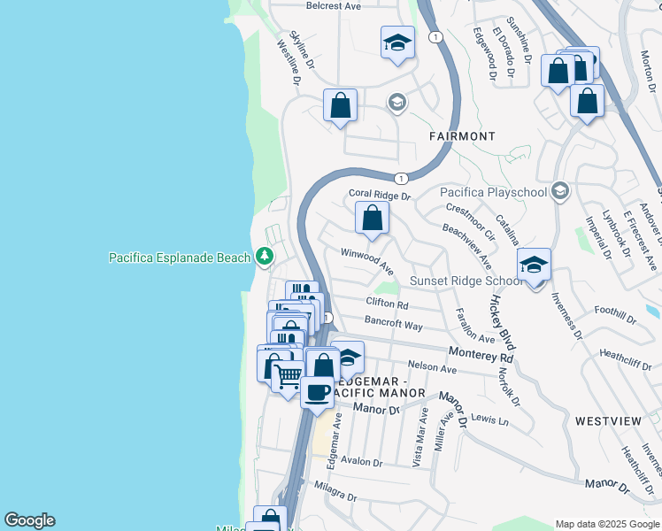 map of restaurants, bars, coffee shops, grocery stores, and more near 291 Waterford Street in Pacifica