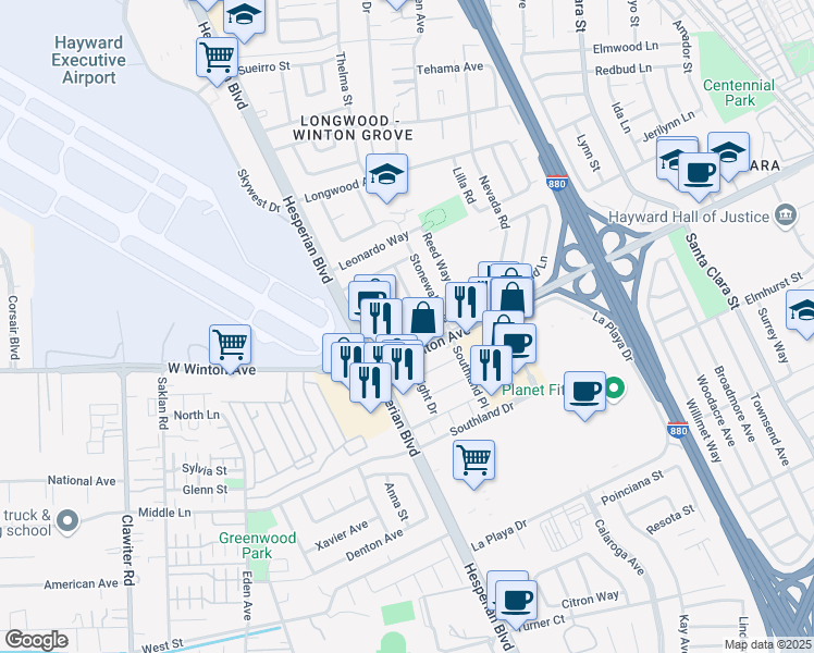 map of restaurants, bars, coffee shops, grocery stores, and more near 23874 Wright Drive in Hayward