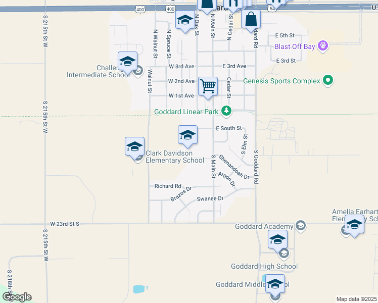 map of restaurants, bars, coffee shops, grocery stores, and more near 301 South Main Street in Goddard
