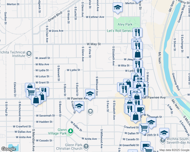 map of restaurants, bars, coffee shops, grocery stores, and more near 2221 South Millwood Avenue in Wichita