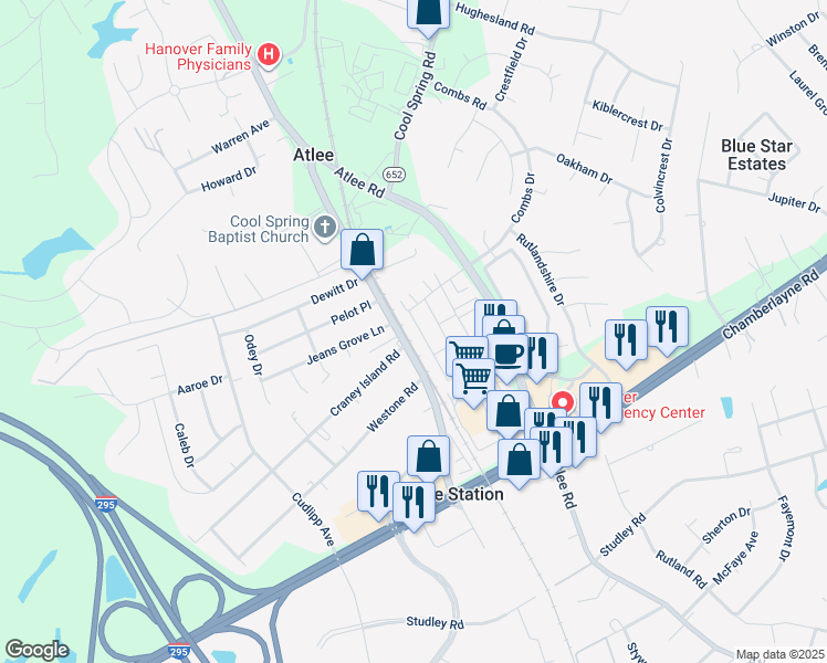 map of restaurants, bars, coffee shops, grocery stores, and more near 8065 Rutland Village Drive in Mechanicsville