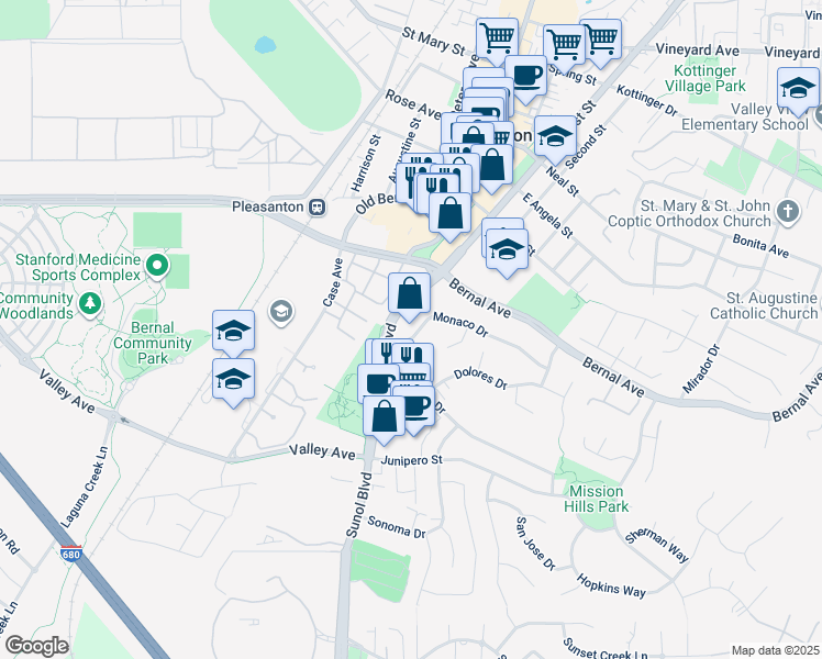 map of restaurants, bars, coffee shops, grocery stores, and more near 5099 Monaco Drive in Pleasanton
