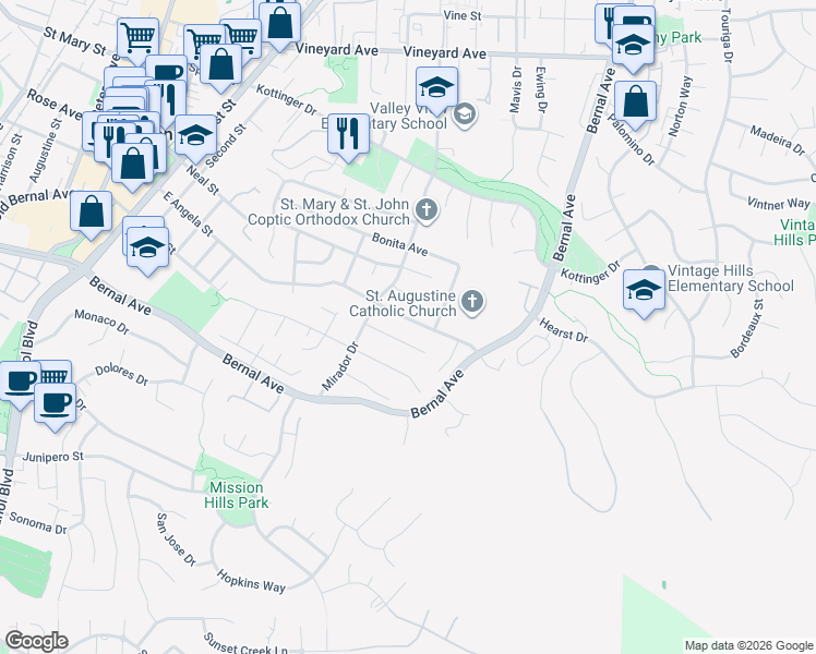 map of restaurants, bars, coffee shops, grocery stores, and more near 789 East Angela Street in Pleasanton