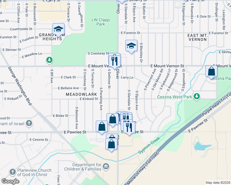 map of restaurants, bars, coffee shops, grocery stores, and more near 2135 Oliver in Wichita