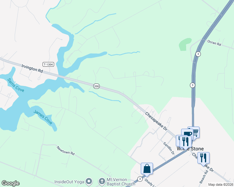 map of restaurants, bars, coffee shops, grocery stores, and more near 5709 Irvington Road in White Stone