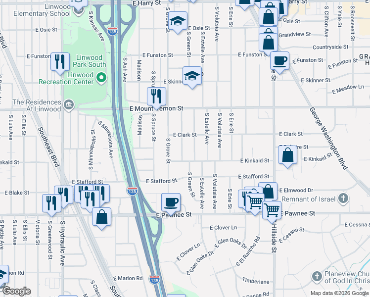 map of restaurants, bars, coffee shops, grocery stores, and more near 2134 Poplar Street in Wichita