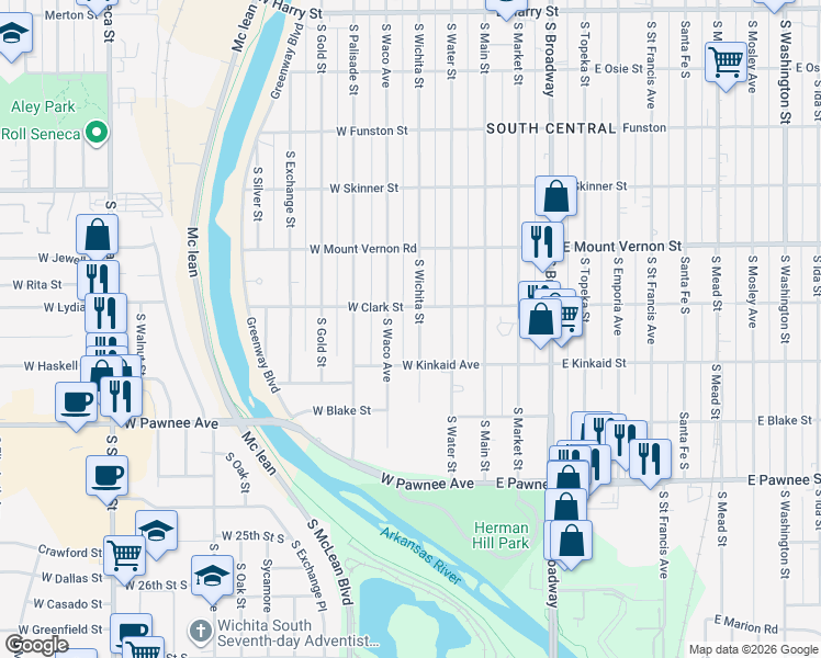 map of restaurants, bars, coffee shops, grocery stores, and more near 2123 South Wichita Street in Wichita