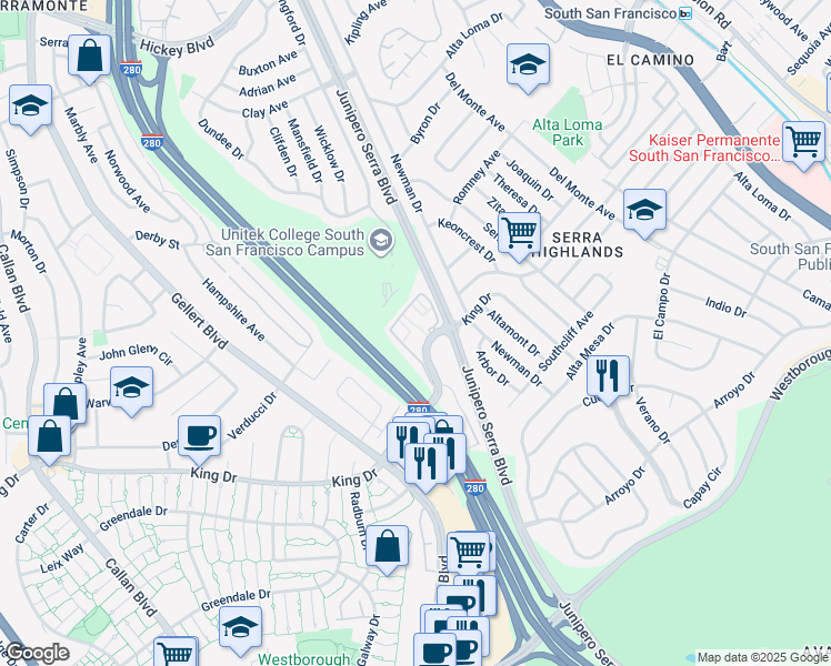 map of restaurants, bars, coffee shops, grocery stores, and more near 500 King Drive in Daly City