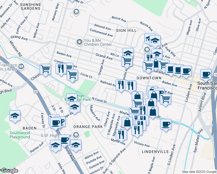 map of restaurants, bars, coffee shops, grocery stores, and more near 18 Idlewood Dr in South San Francisco