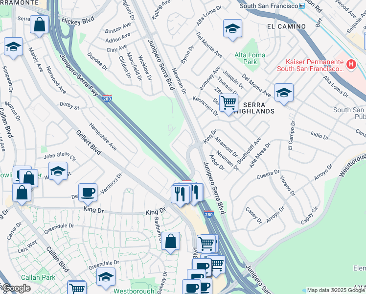 map of restaurants, bars, coffee shops, grocery stores, and more near 500 King Drive in Daly City