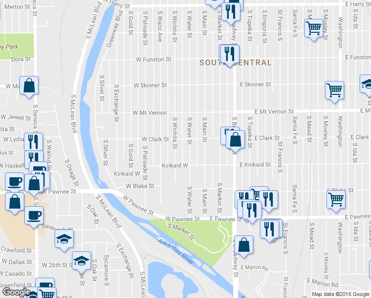 map of restaurants, bars, coffee shops, grocery stores, and more near 2123 S Water St in Wichita
