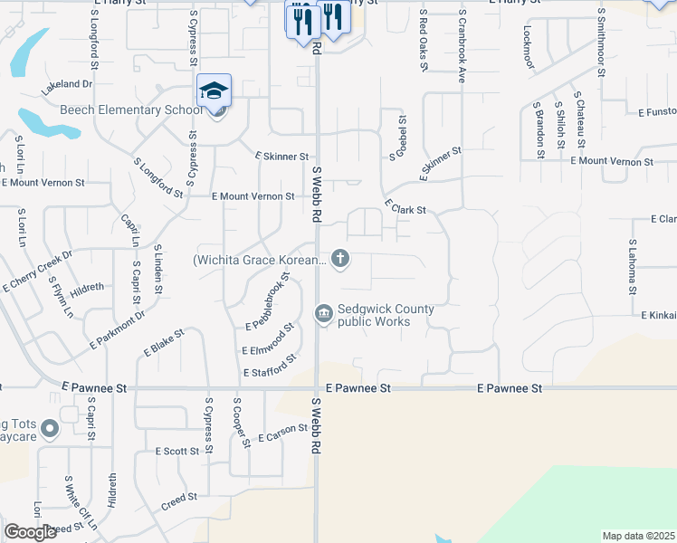 map of restaurants, bars, coffee shops, grocery stores, and more near 2130 South Webb Road in Wichita