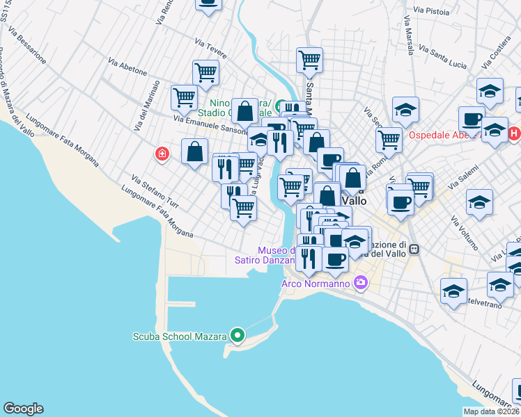 map of restaurants, bars, coffee shops, grocery stores, and more near 36 Via Pantelleria in Mazara del Vallo