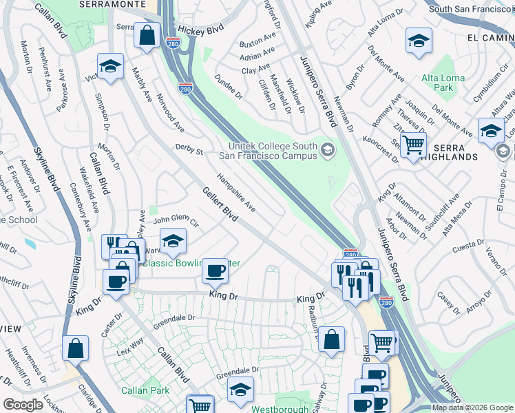 map of restaurants, bars, coffee shops, grocery stores, and more near 137 Hampshire Avenue in Daly City