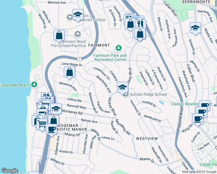map of restaurants, bars, coffee shops, grocery stores, and more near 272 Beachview Avenue in Pacifica