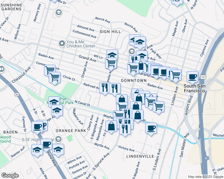 map of restaurants, bars, coffee shops, grocery stores, and more near 561 1st Lane in South San Francisco