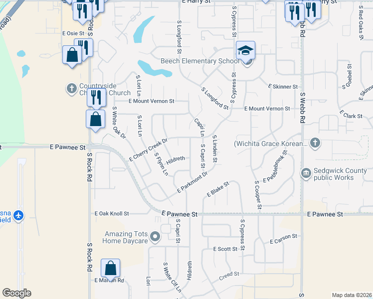 map of restaurants, bars, coffee shops, grocery stores, and more near 2119 South Dalton Street in Wichita