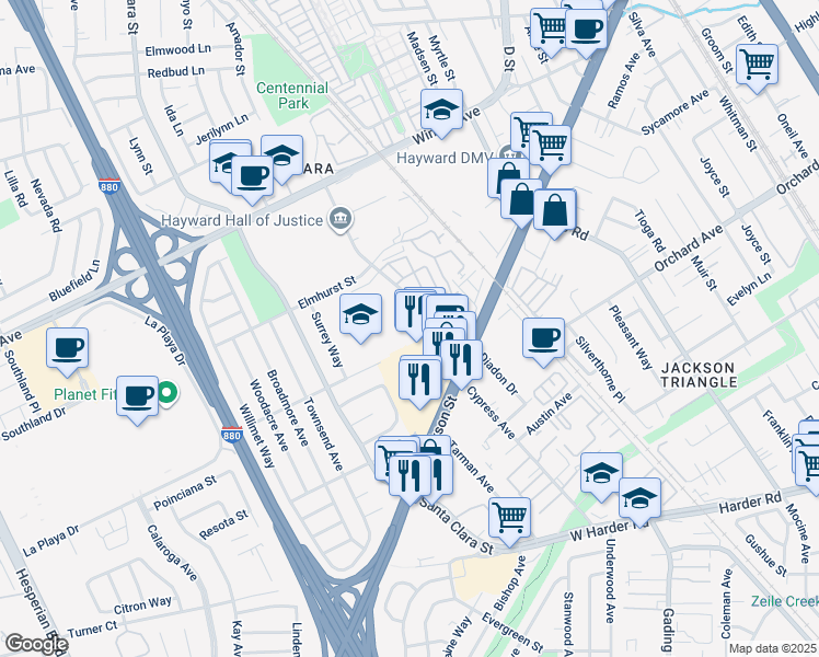 map of restaurants, bars, coffee shops, grocery stores, and more near 24176 Mission Boulevard in Hayward