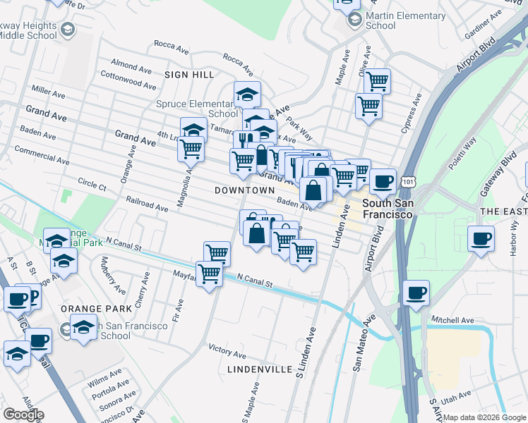 map of restaurants, bars, coffee shops, grocery stores, and more near 441 2nd Lane in South San Francisco