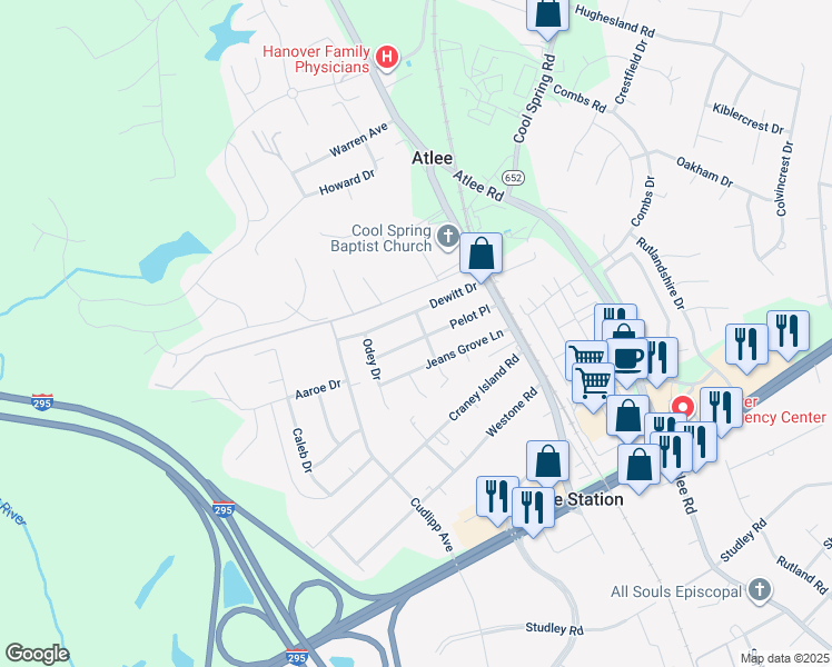 map of restaurants, bars, coffee shops, grocery stores, and more near 9191 Harvey Hollow Drive in Mechanicsville