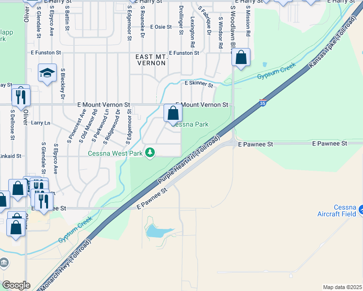 map of restaurants, bars, coffee shops, grocery stores, and more near 2107 Drollinger St in Wichita