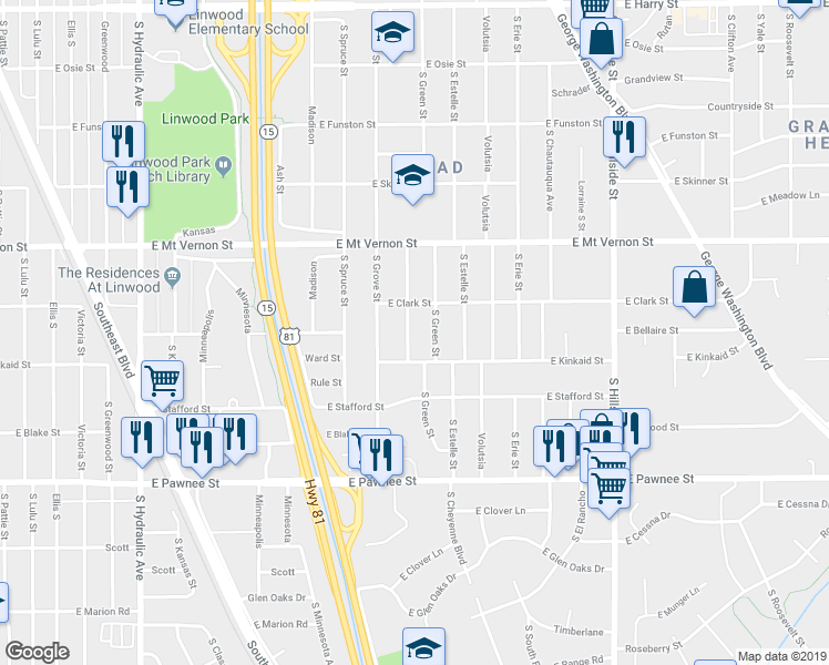 map of restaurants, bars, coffee shops, grocery stores, and more near 2134 Poplar Street in Wichita