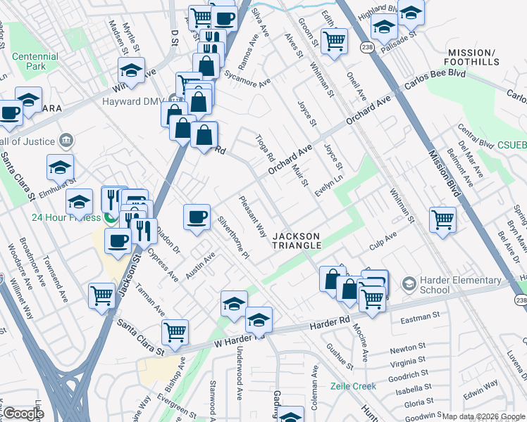 map of restaurants, bars, coffee shops, grocery stores, and more near 25001 Fuji Way in Hayward