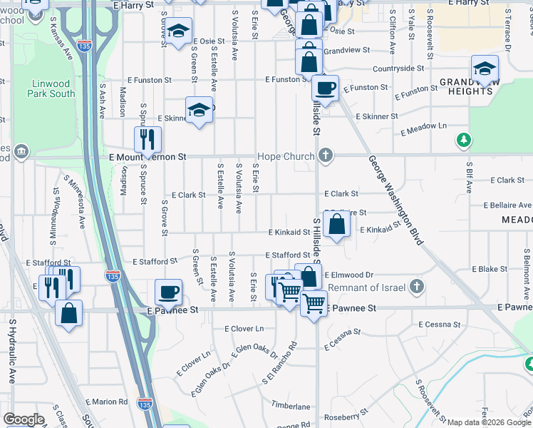 map of restaurants, bars, coffee shops, grocery stores, and more near 2131 South Chautauqua Avenue in Wichita