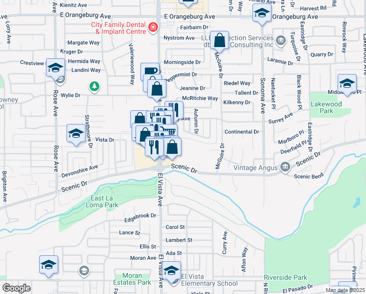 map of restaurants, bars, coffee shops, grocery stores, and more near 2325 Scenic Drive in Modesto