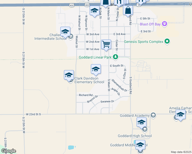 map of restaurants, bars, coffee shops, grocery stores, and more near 301 South Main Street in Goddard