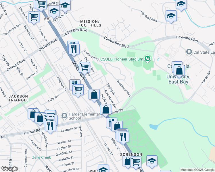 map of restaurants, bars, coffee shops, grocery stores, and more near 1084 Devon Drive in Hayward