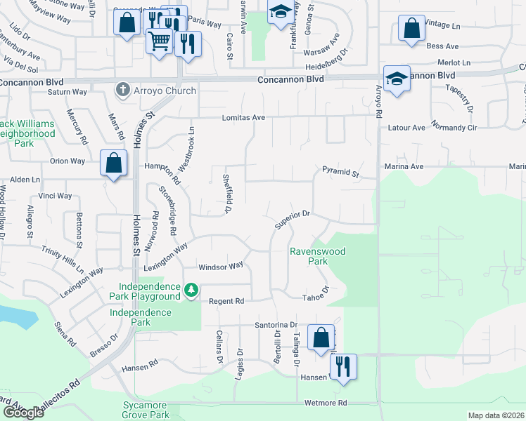 map of restaurants, bars, coffee shops, grocery stores, and more near 2498 Merritt Place in Livermore