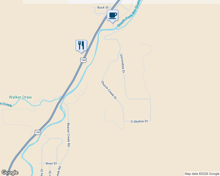 map of restaurants, bars, coffee shops, grocery stores, and more near 274 Church Creek Circle in South Fork