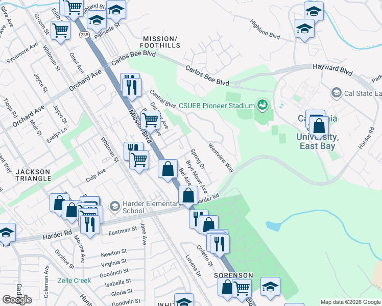 map of restaurants, bars, coffee shops, grocery stores, and more near 1084 Devon Drive in Hayward