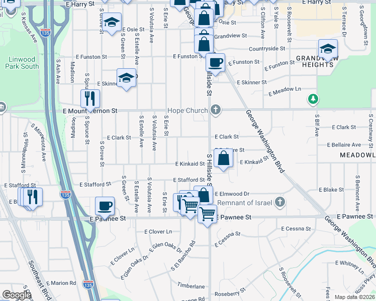 map of restaurants, bars, coffee shops, grocery stores, and more near 1842 South Lorraine Avenue in Wichita
