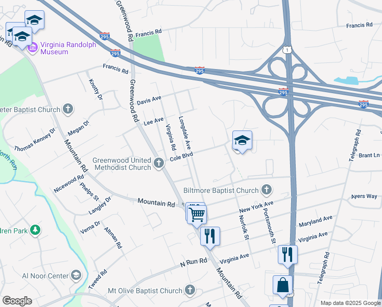 map of restaurants, bars, coffee shops, grocery stores, and more near 1498 Cole Boulevard in Glen Allen