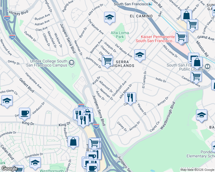 map of restaurants, bars, coffee shops, grocery stores, and more near 350 Altamont Drive in South San Francisco