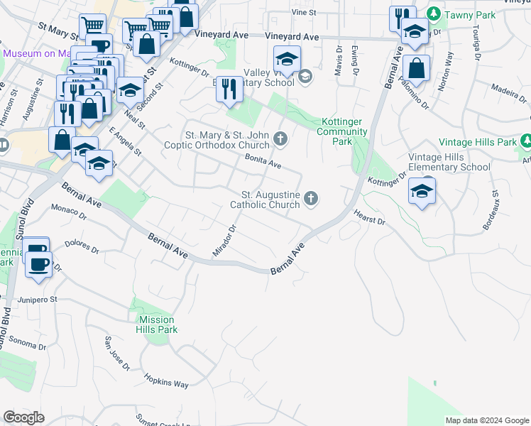 map of restaurants, bars, coffee shops, grocery stores, and more near 781 East Angela Street in Pleasanton