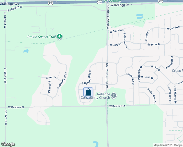 map of restaurants, bars, coffee shops, grocery stores, and more near 2120 South Upland Hills Street in Wichita