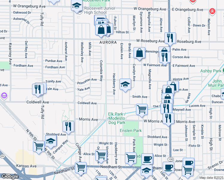 map of restaurants, bars, coffee shops, grocery stores, and more near 719 Hackberry Avenue in Modesto