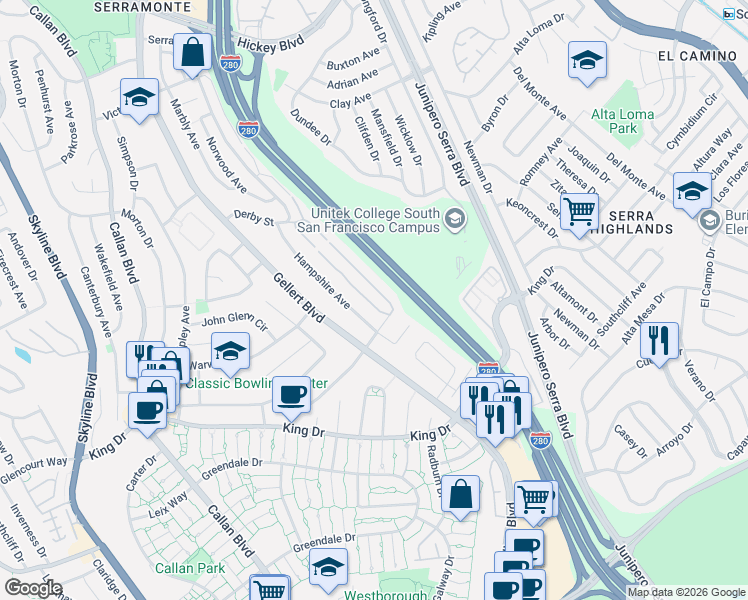 map of restaurants, bars, coffee shops, grocery stores, and more near 399 Barbara Lane in Daly City