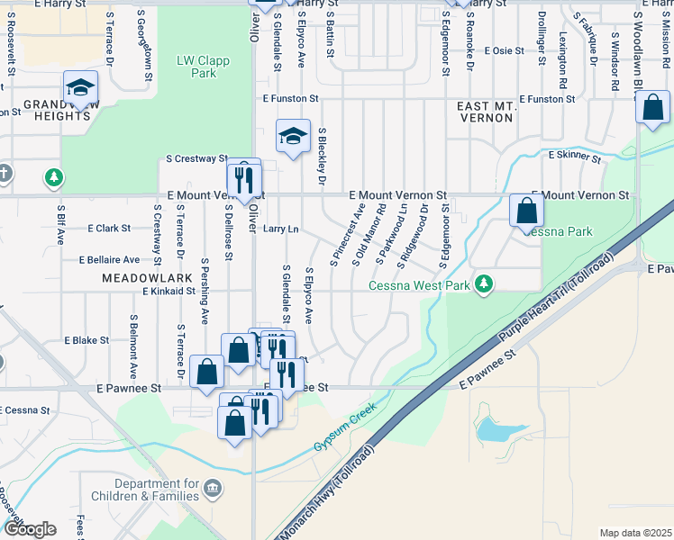 map of restaurants, bars, coffee shops, grocery stores, and more near 2152 South Pinecrest Street in Wichita