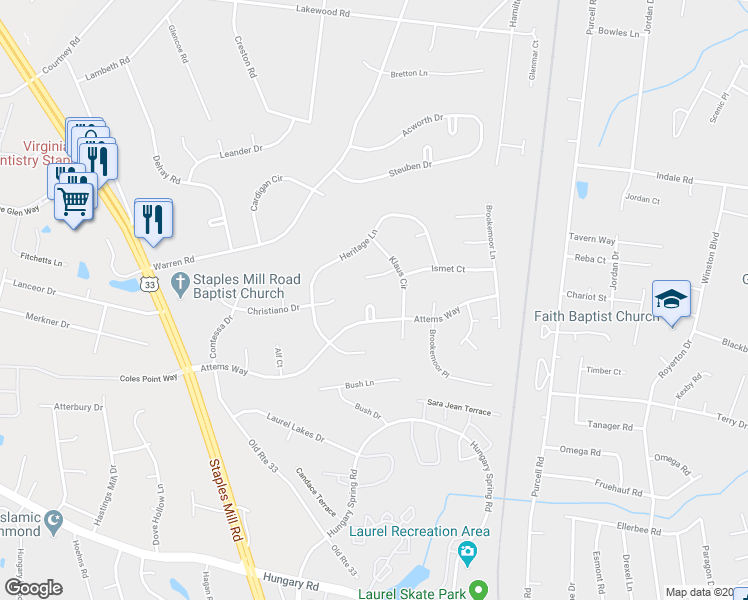 map of restaurants, bars, coffee shops, grocery stores, and more near 3205 Attems Court in Glen Allen