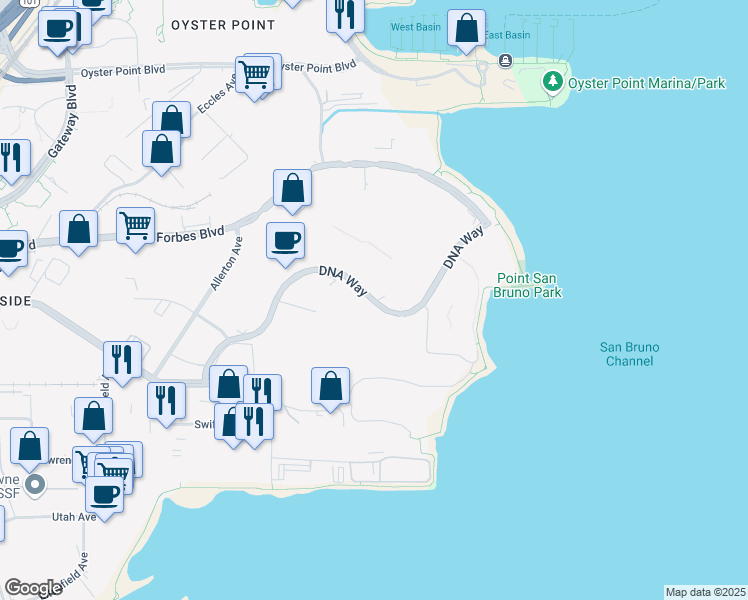 map of restaurants, bars, coffee shops, grocery stores, and more near 1541 Grandview Drive in South San Francisco