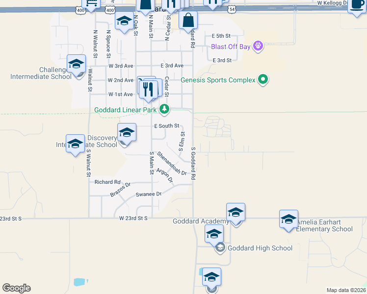map of restaurants, bars, coffee shops, grocery stores, and more near 308 South Elm Street in Goddard