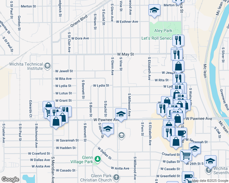 map of restaurants, bars, coffee shops, grocery stores, and more near 2220 South Glenn Avenue in Wichita