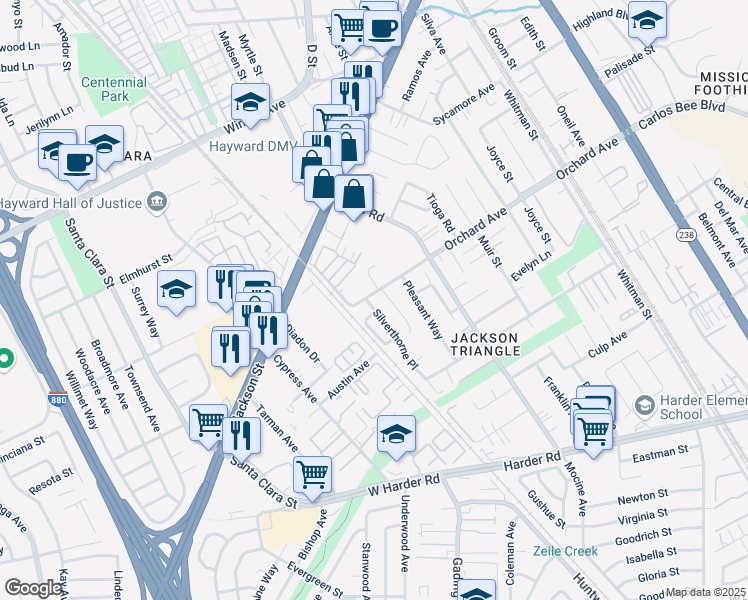 map of restaurants, bars, coffee shops, grocery stores, and more near 24914 Silverthorne Place in Hayward