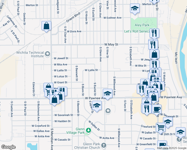 map of restaurants, bars, coffee shops, grocery stores, and more near 2219 South Euclid Street in Wichita
